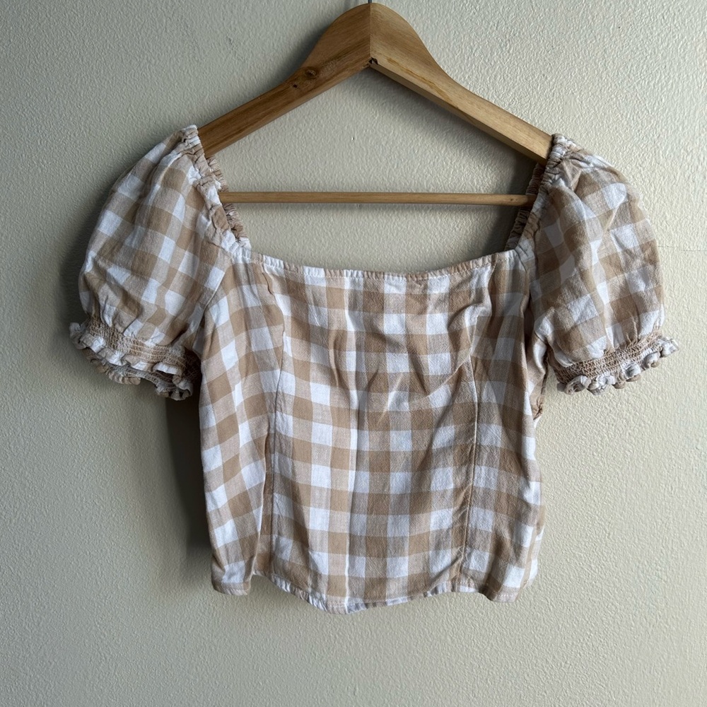 Abercrombie and Fitch Linen Viscose Tan White Gingham Puff Sleeve Crop Top S